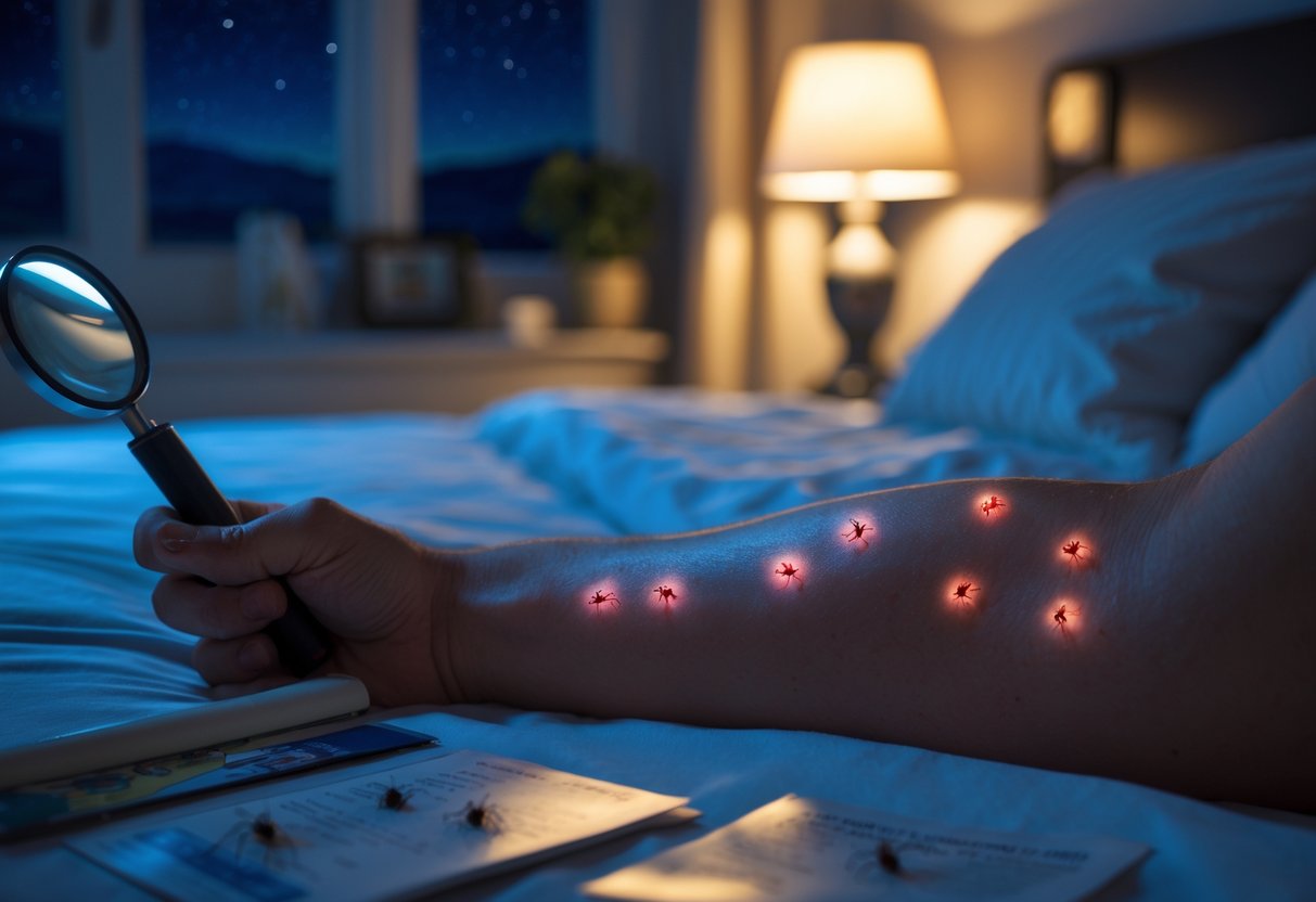 Close-up of a person's arm with red itchy bites in a dimly lit bedroom at night.