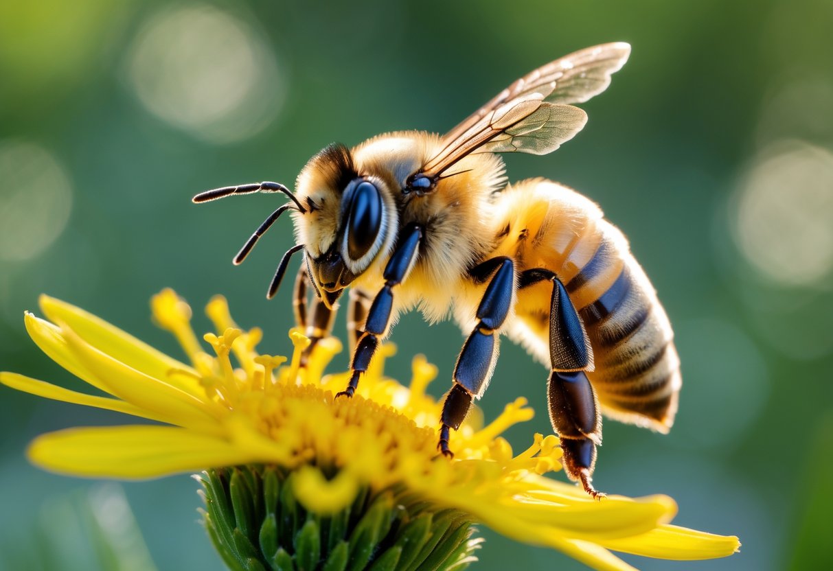 Close-up of a honeybee on a yellow flower with wings slightly raised, appearing alert.