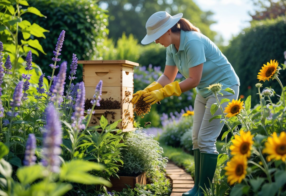 A person in gloves observing bees pollinating flowers in a colorful garden with a wooden beehive nearby.