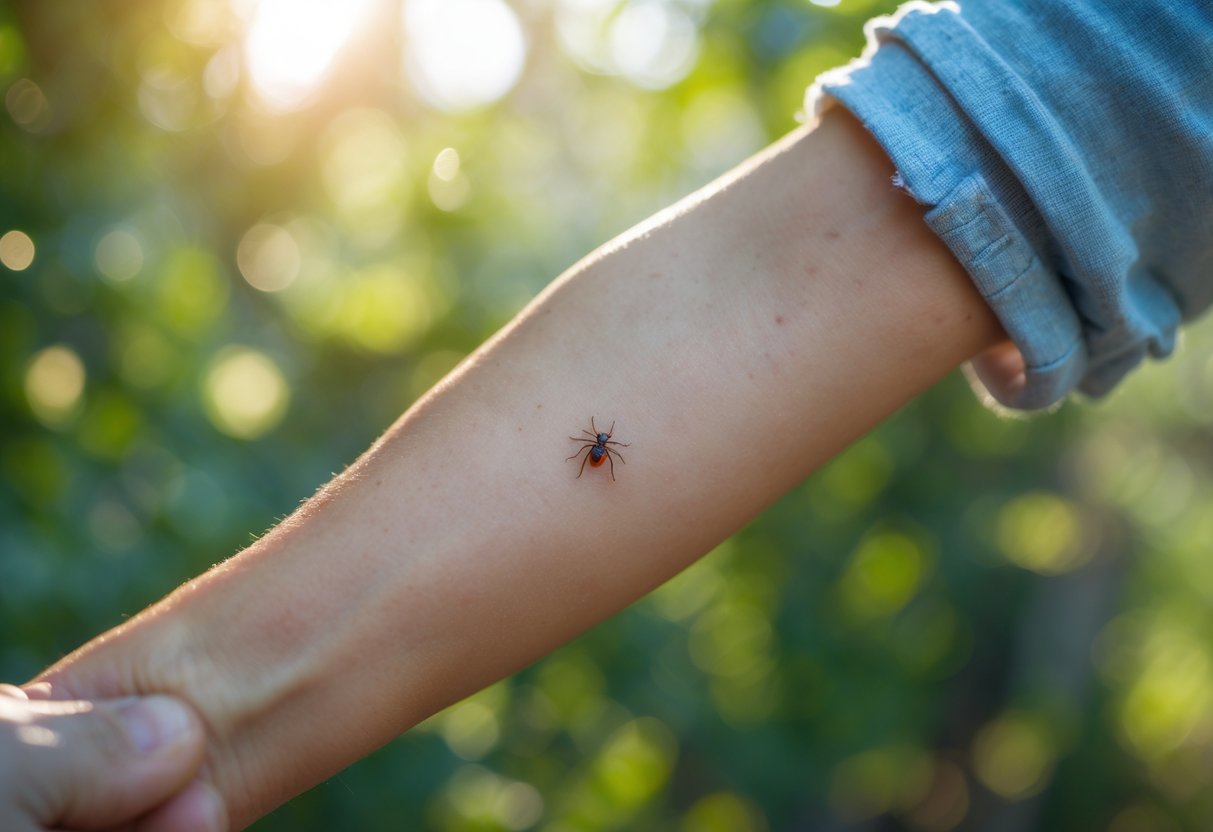 Close-up of a person's arm with a small red insect bite against a blurred green outdoor background.