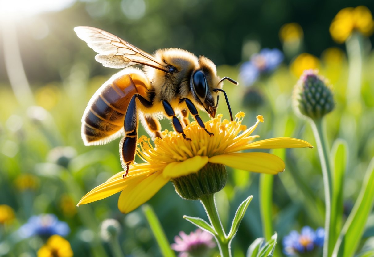 A honey bee collecting nectar from a yellow flower in a sunlit meadow with green plants and colorful flowers around.