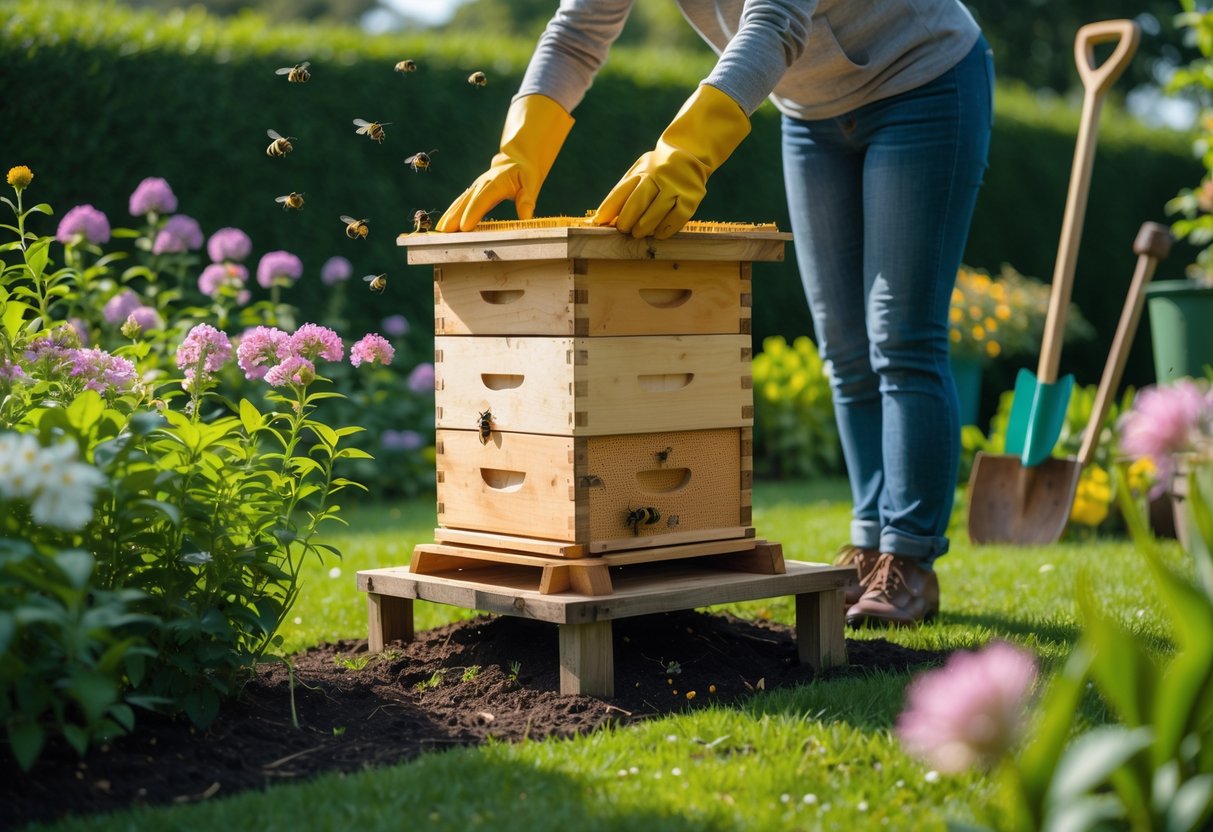 A person inspecting a wooden beehive in a garden with flowers and bees flying around.