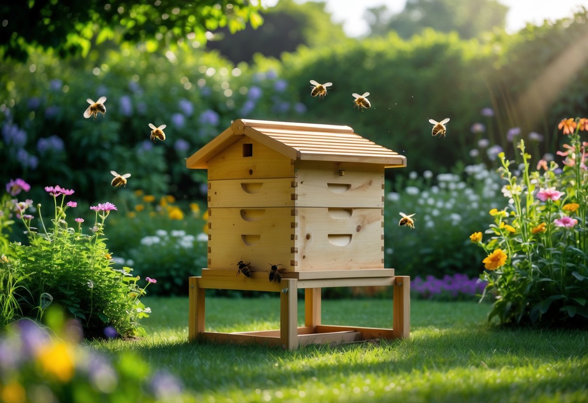 A garden with a wooden beehive on a stand surrounded by flowers and bees flying nearby.