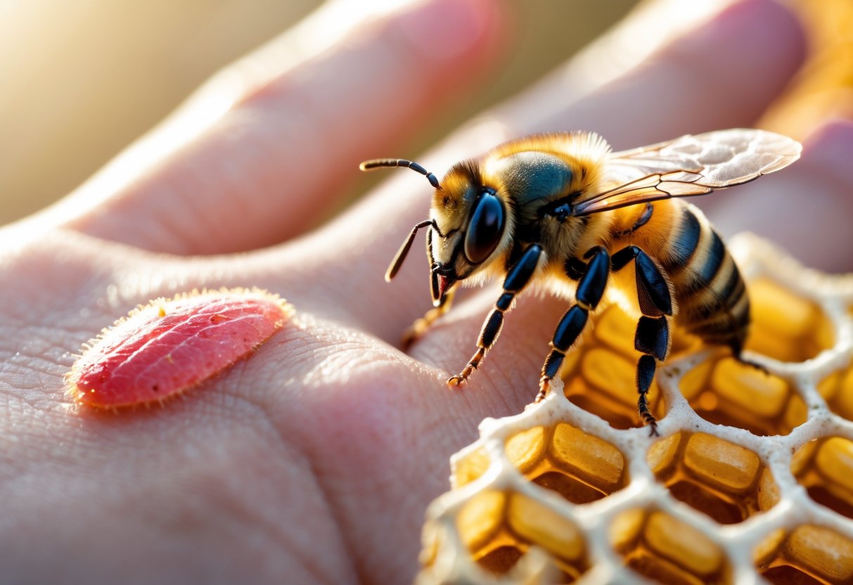 A close-up of a hand with a red sting mark and a queen bee sitting on a honeycomb nearby.