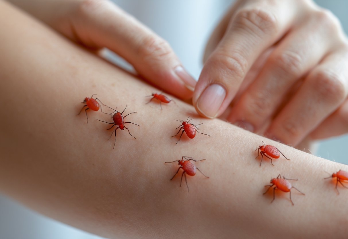 Close-up of a forearm with multiple red itchy insect bites and a hand scratching one of them.