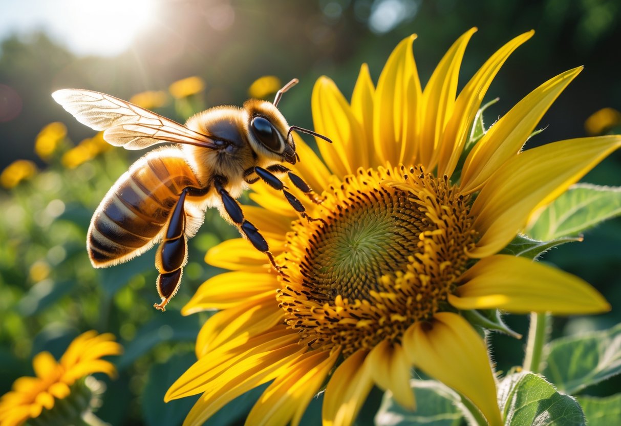 A honey bee flying near a yellow sunflower in a blooming garden on a sunny day.