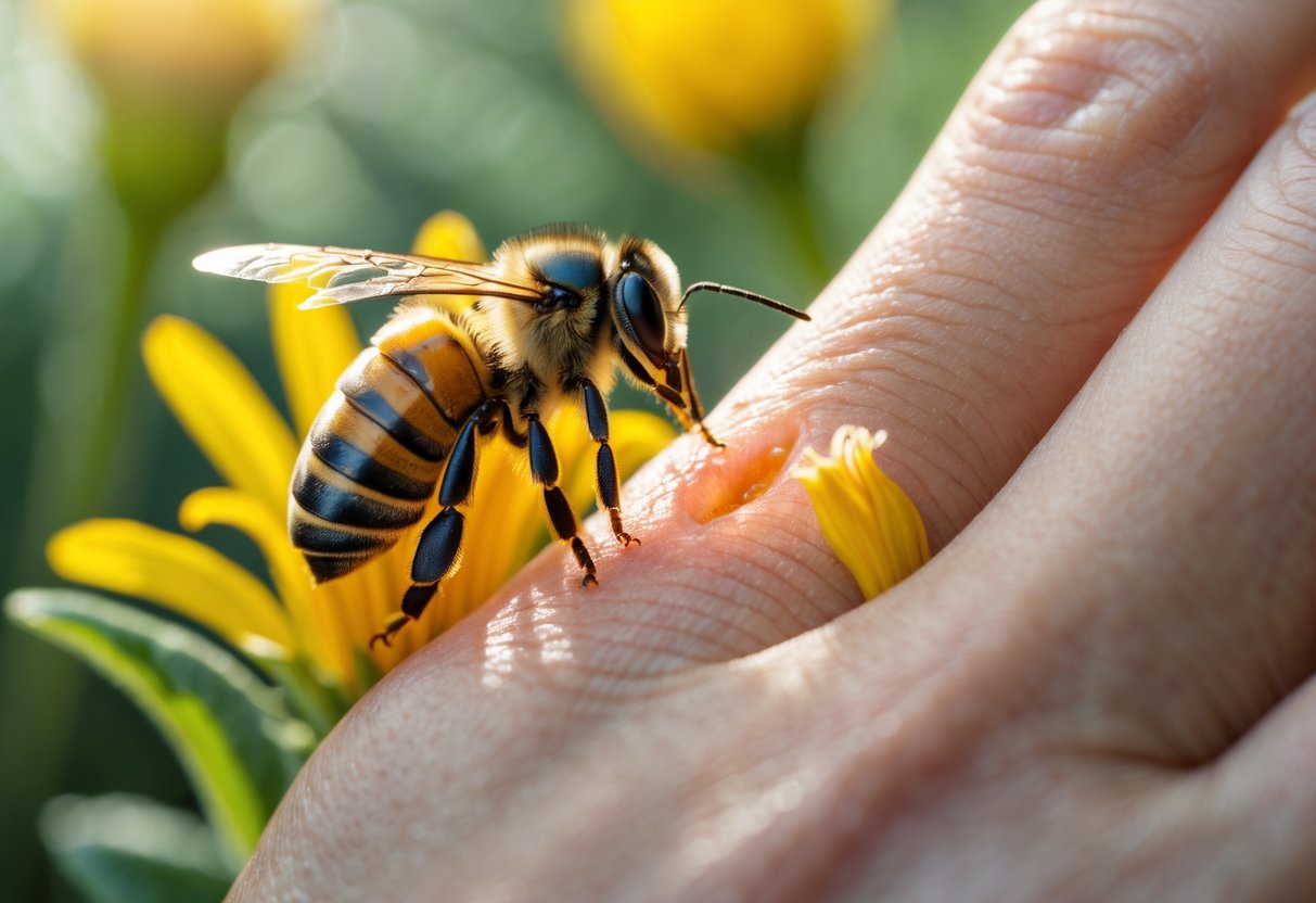 A close-up of a hand showing a small red swollen area with a queen bee on a yellow flower nearby.