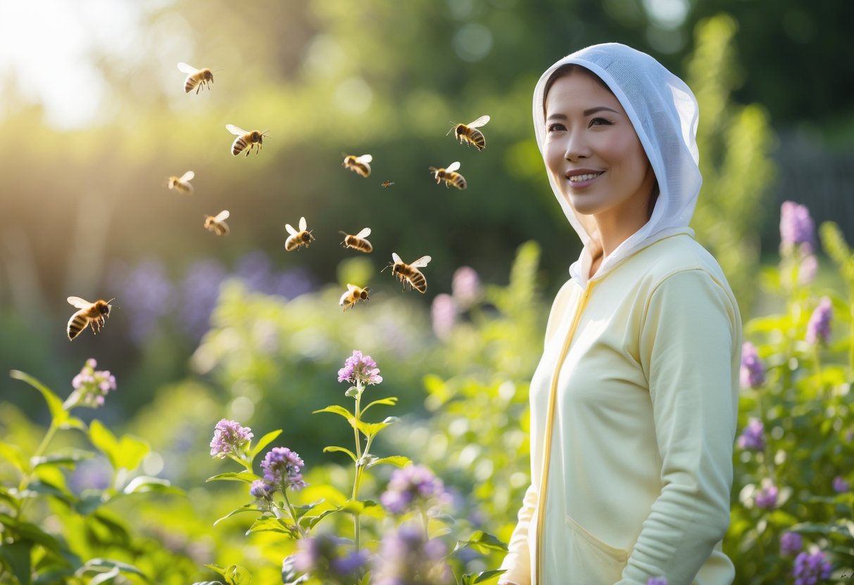A person wearing light-colored clothes stands calmly in a garden with flowers while bees fly nearby.