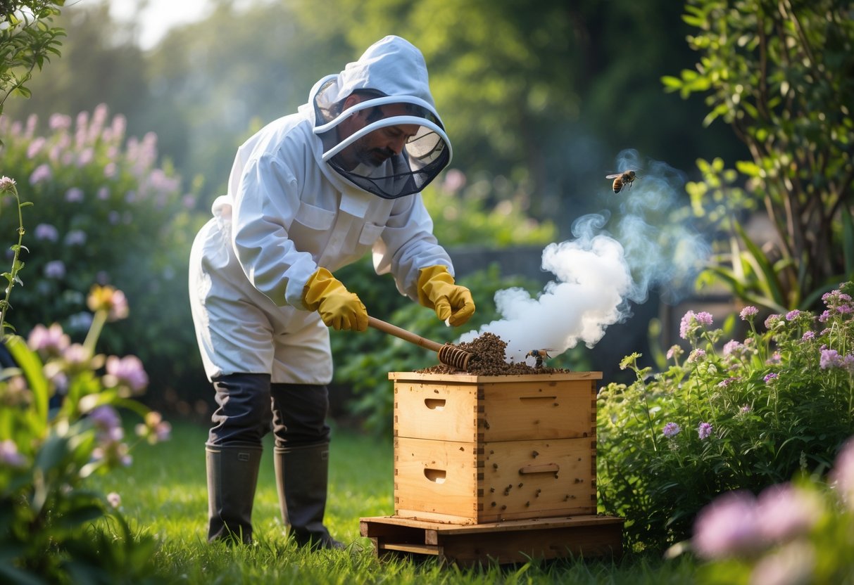 A beekeeper calmly using a smoker near a beehive surrounded by flowers and bees.