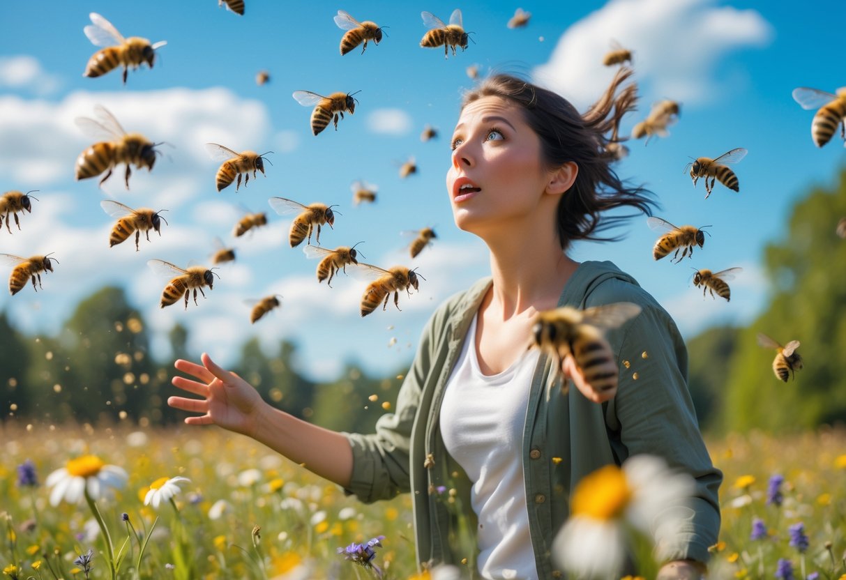 A person in a meadow surrounded by wildflowers is being chased by several honeybees flying closely around them.
