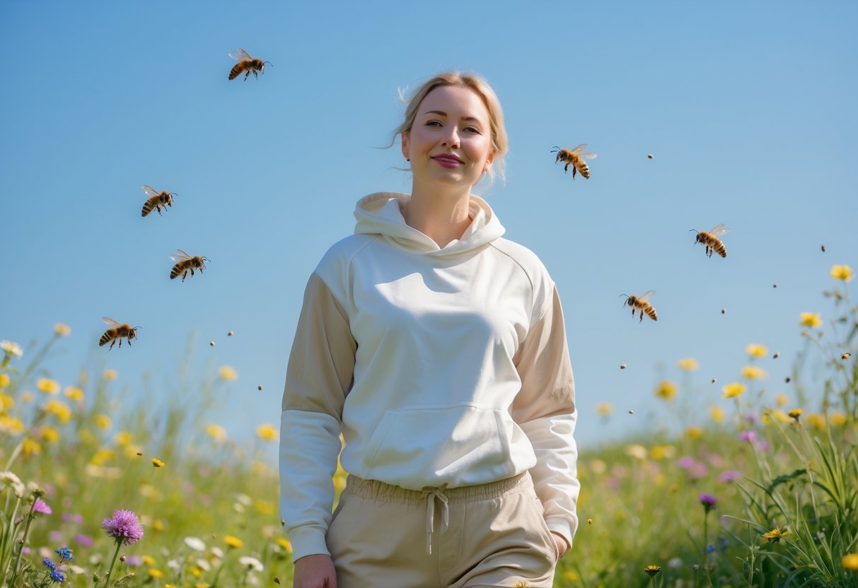 Person wearing light-colored clothes standing calmly in a sunny meadow with flowers and bees flying nearby.