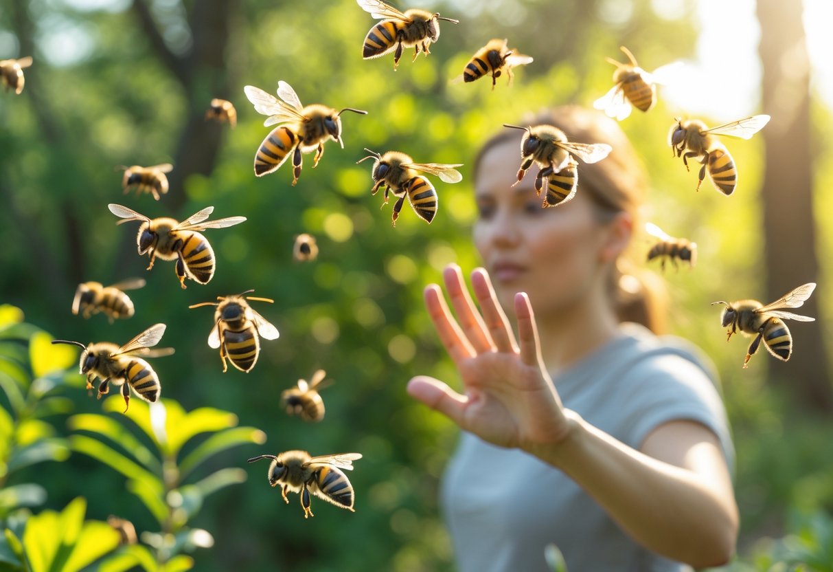 A person outdoors raising their hand defensively as several different types of bees fly close by.
