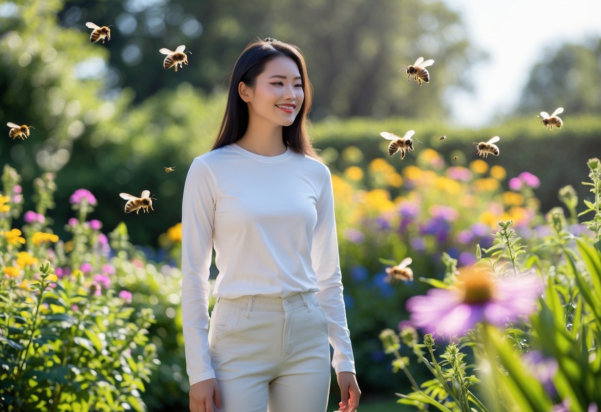 Person wearing white clothing standing calmly in a garden with flowers and bees flying nearby.