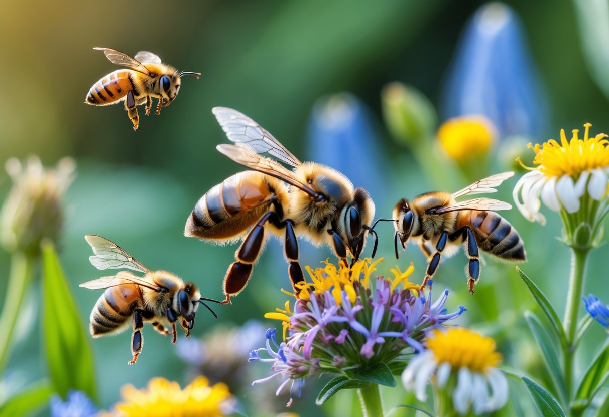 Several types of bees on colorful wildflowers in a garden.