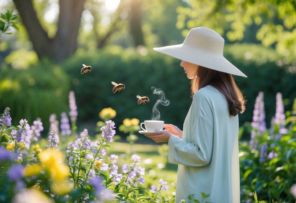 A person in light clothing and a hat stands calmly near flowers with a bee and a wasp flying nearby in a sunny garden.