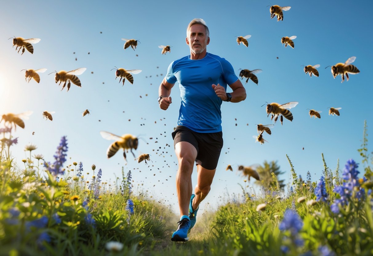 A person running through a meadow with a swarm of bees flying nearby.