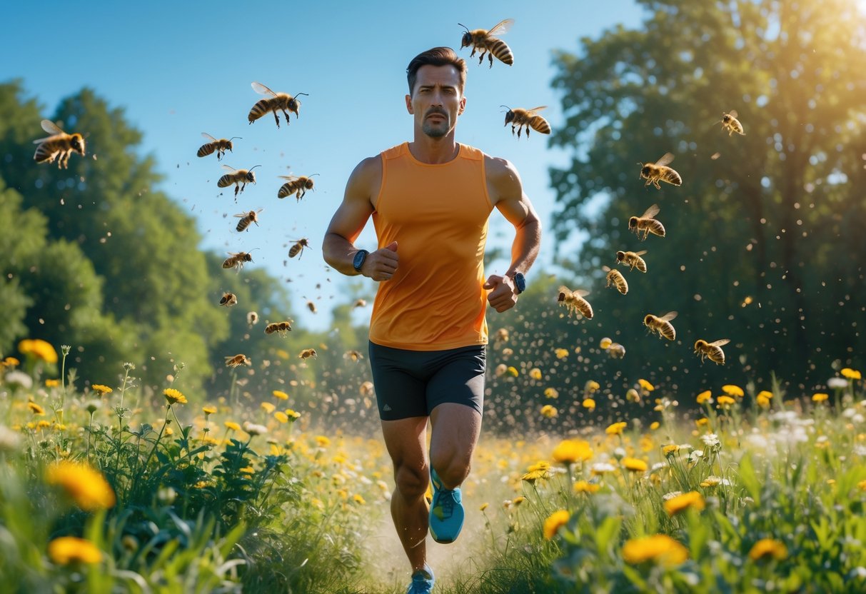 A person running through a flower-filled meadow with bees flying closely behind them.