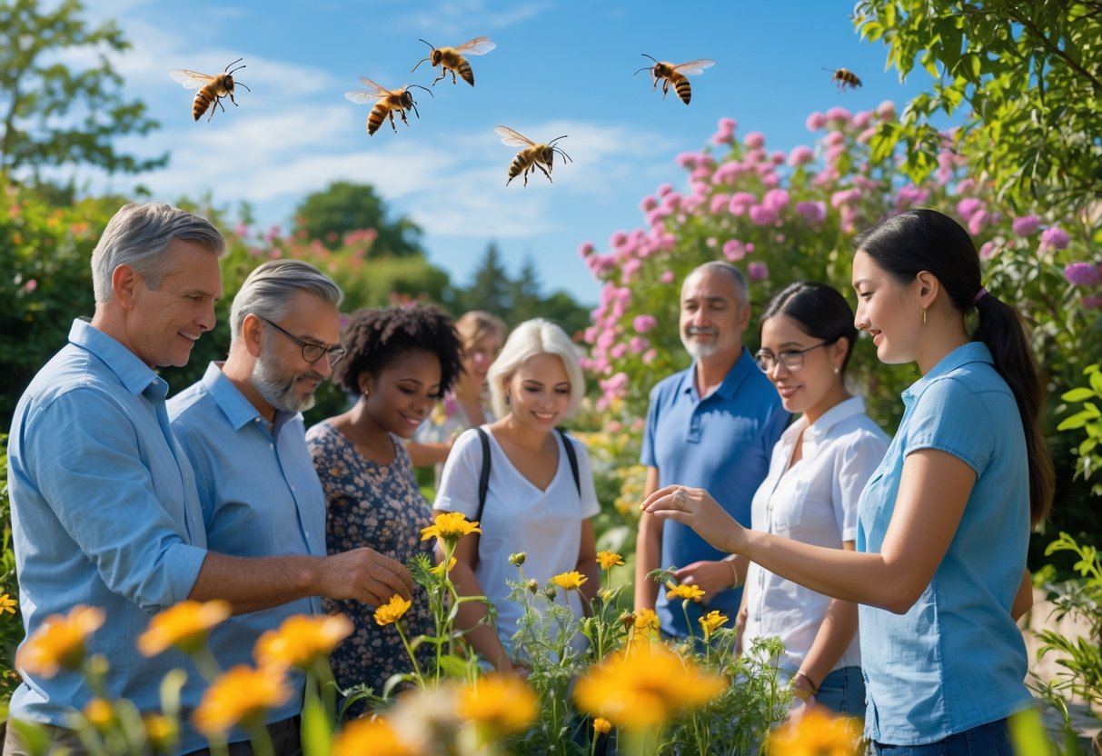 People outdoors in a garden carefully avoiding bees and wasps near colorful flowers on a sunny day.