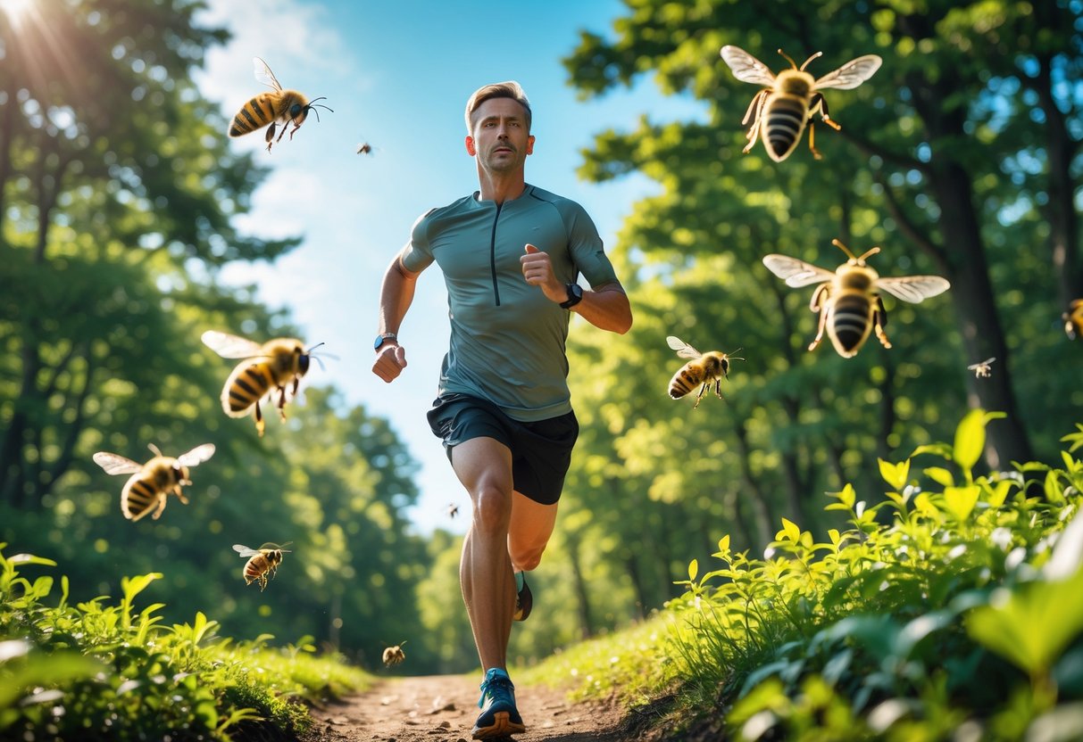 A person running quickly on a forest trail with several bees flying nearby.