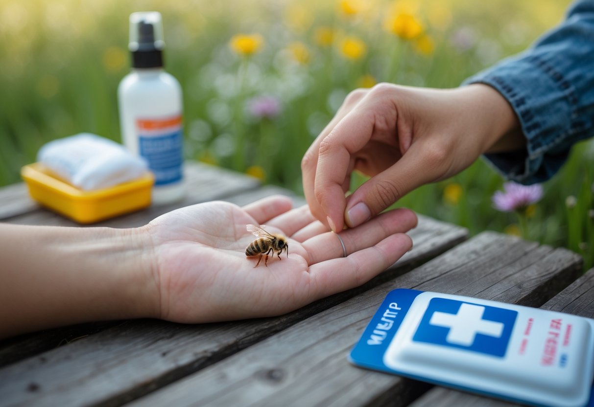 A person carefully removing a bee sting from their hand outdoors with a blurred background of grass and flowers.