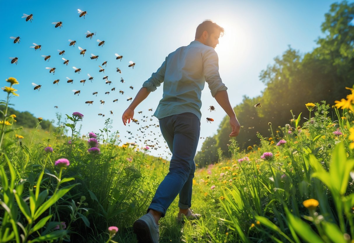 A person walking through a flower-filled meadow with bees flying closely behind them.