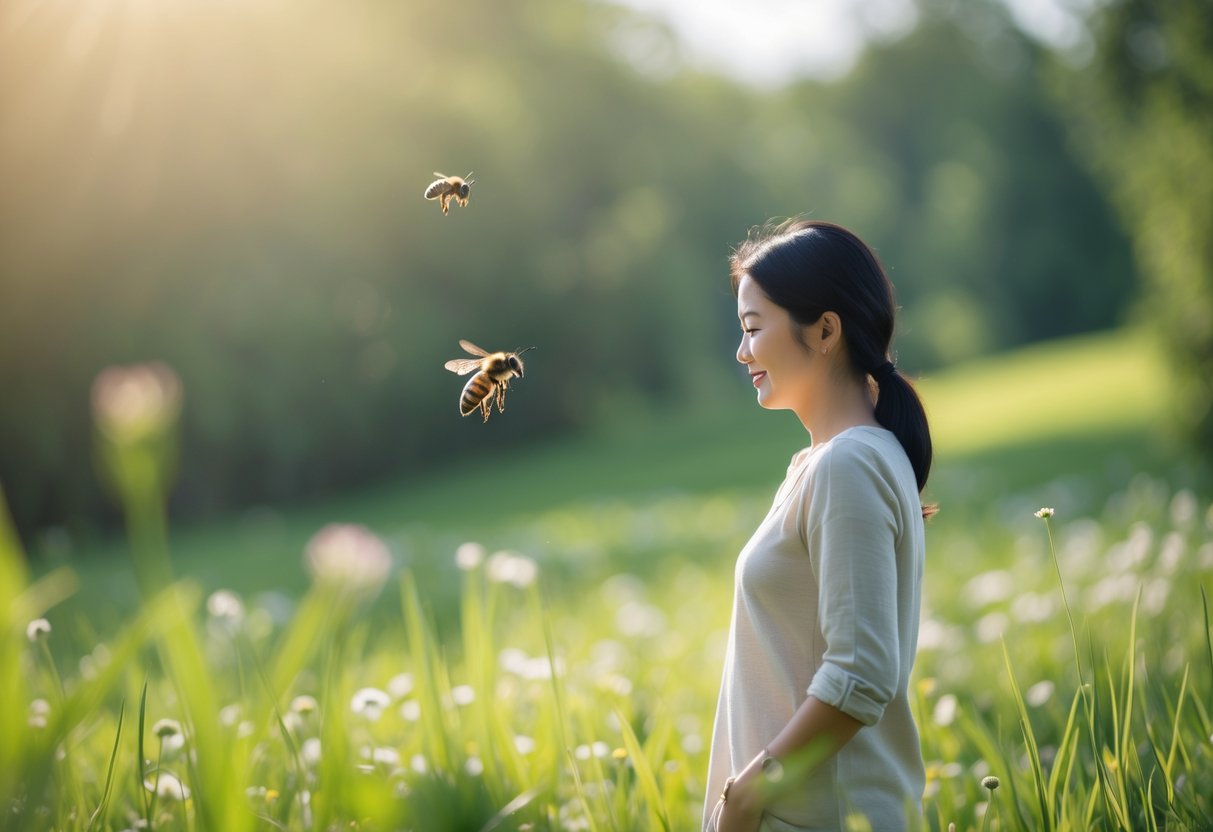 A person standing calmly outdoors with a bee hovering nearby.