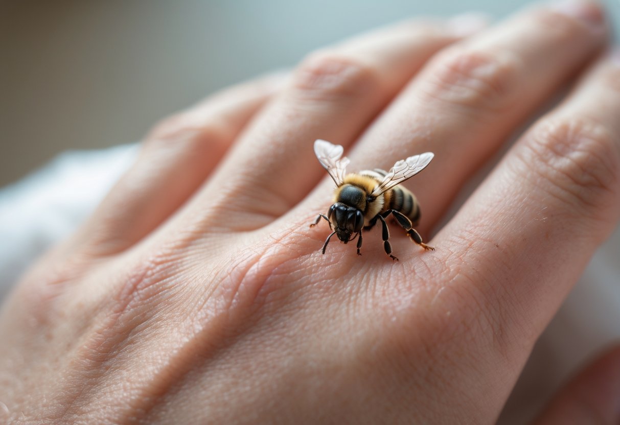Close-up of a hand with a bee stinger embedded in the skin and surrounding redness.