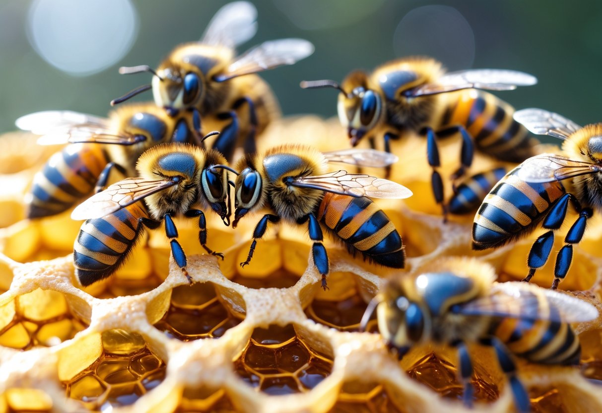 Close-up of several bees clustered on a honeycomb, some flying and others gripping the comb.