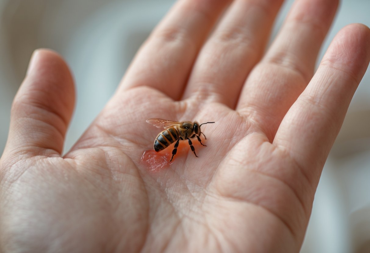 Close-up of a human hand showing a red, swollen area from a bee sting.