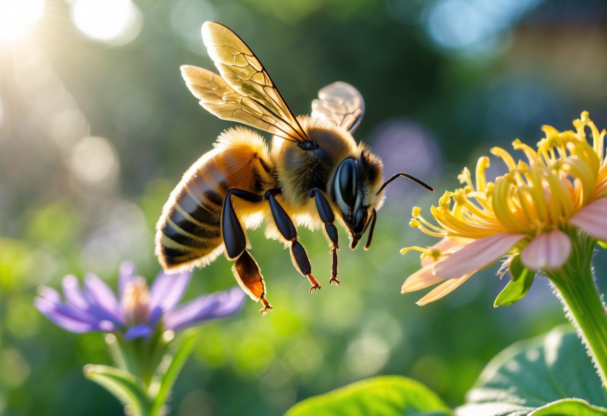 A honeybee flying near a colorful flower in a sunlit garden.