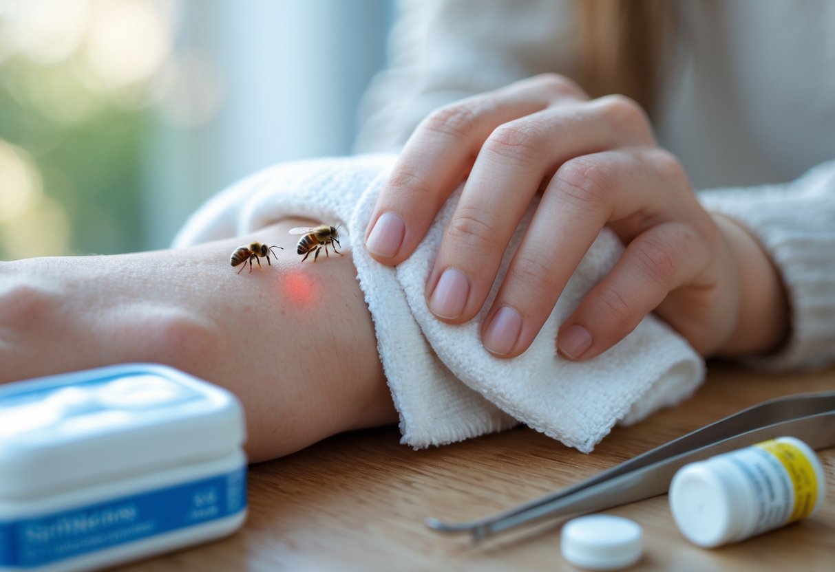 A close-up of a hand with a swollen bee sting being treated with a cold compress, with first aid items on a table nearby.