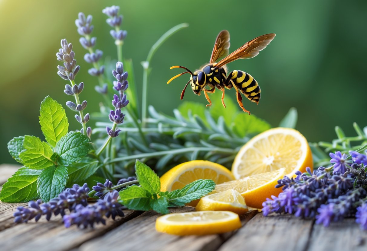 A wasp flying near mint, eucalyptus, lavender, and citrus fruits arranged on a wooden surface outdoors.