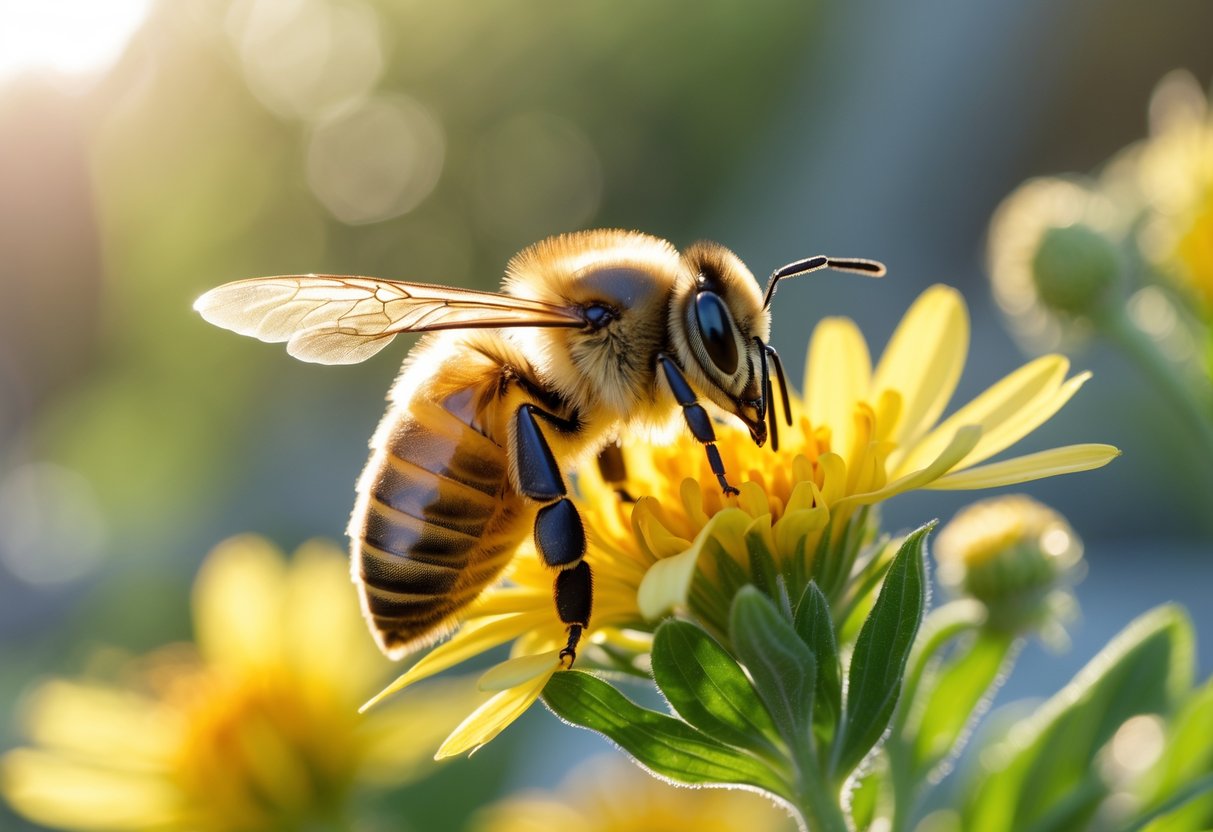 A honeybee resting on a yellow flower in a garden with green leaves and blurred background.
