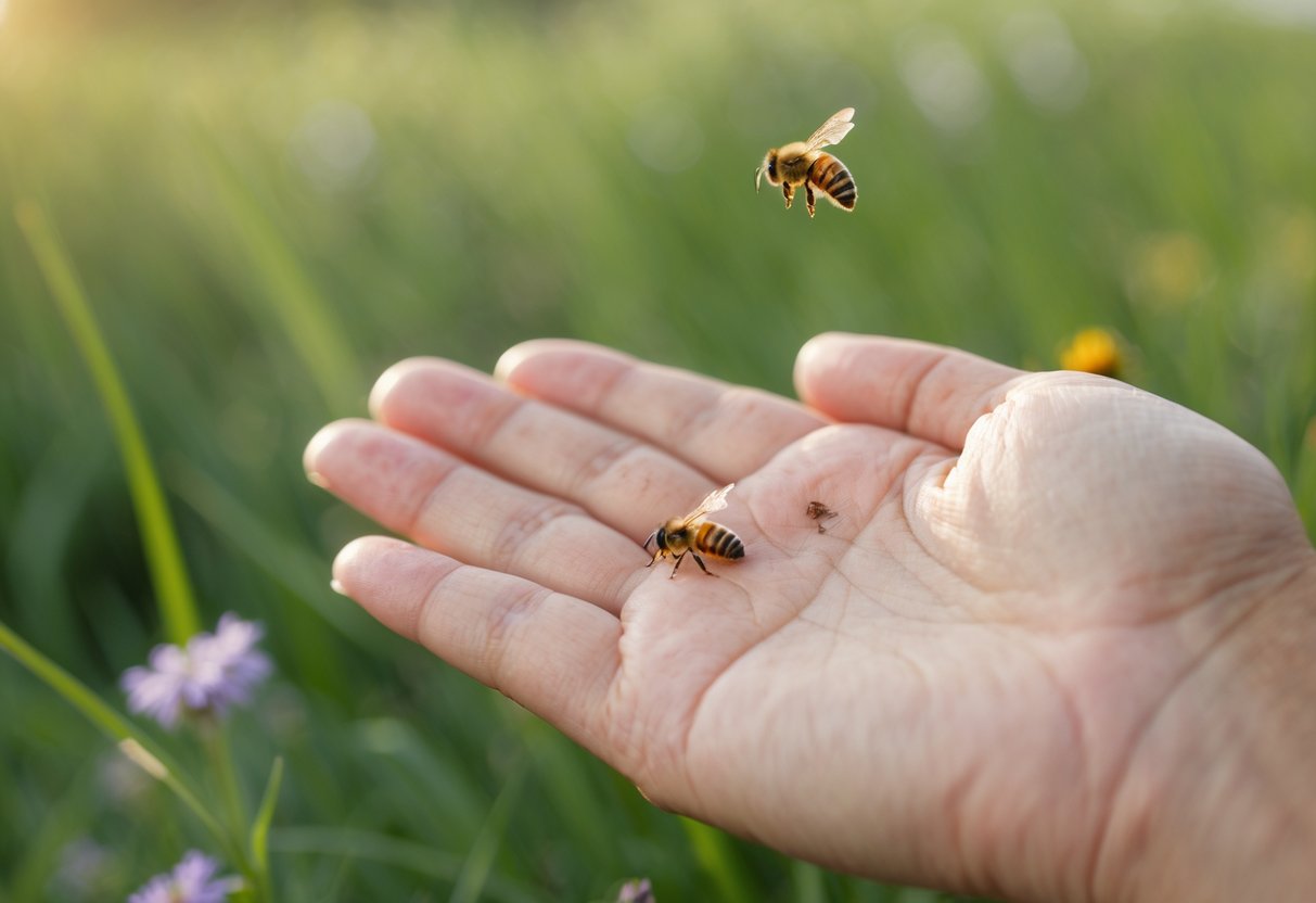 Close-up of a person's hand with a bee sting showing redness and swelling, with a bee flying nearby in a natural outdoor setting.