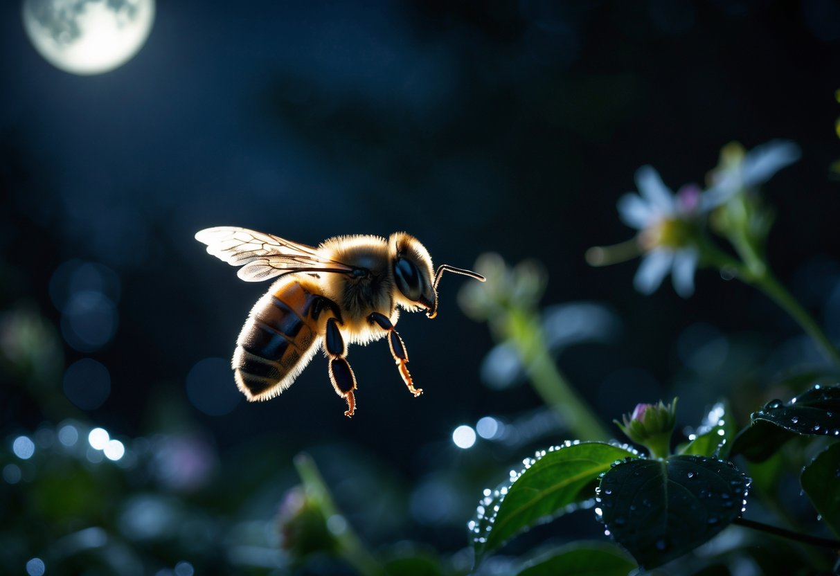 A bee flying at night with a dark natural background and faint moonlight.