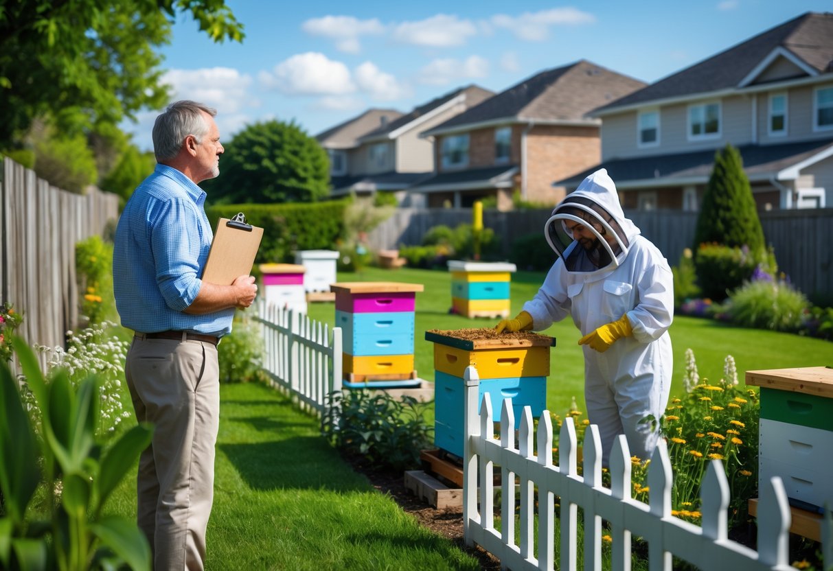 A person in a garden looks toward a neighbor tending colorful beehives in a backyard separated by a white fence.