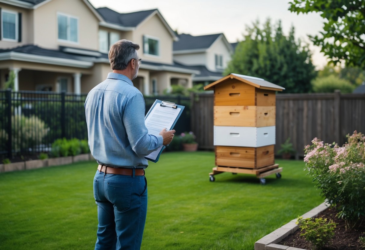 A homeowner in a garden looking at a neighbor's backyard with a beehive, holding legal documents.