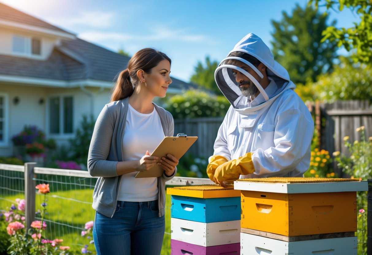 Two neighbors talking calmly over a fence near beehives in a backyard garden.