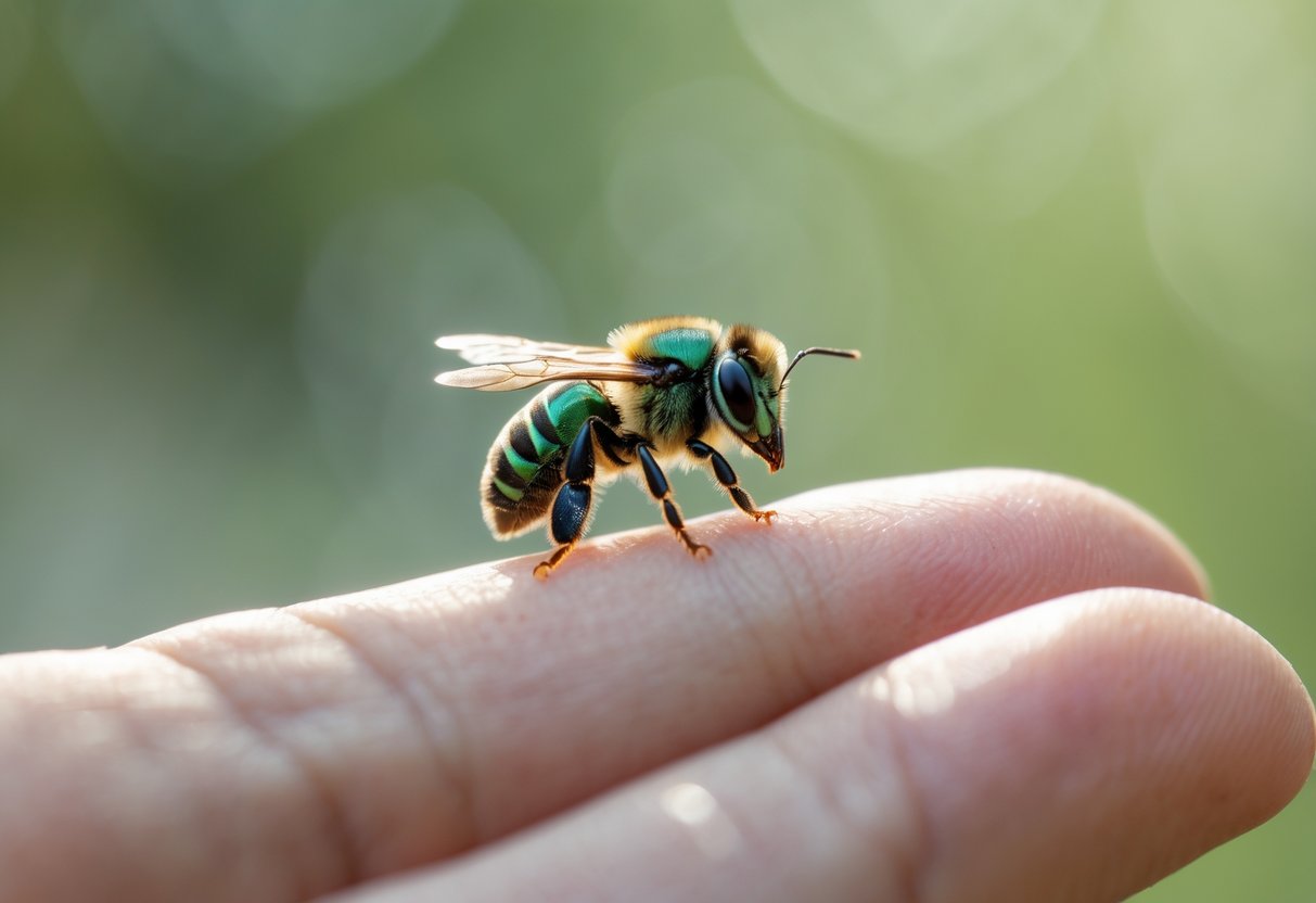 A person's hand gently holding a small sweat bee on their finger outdoors.