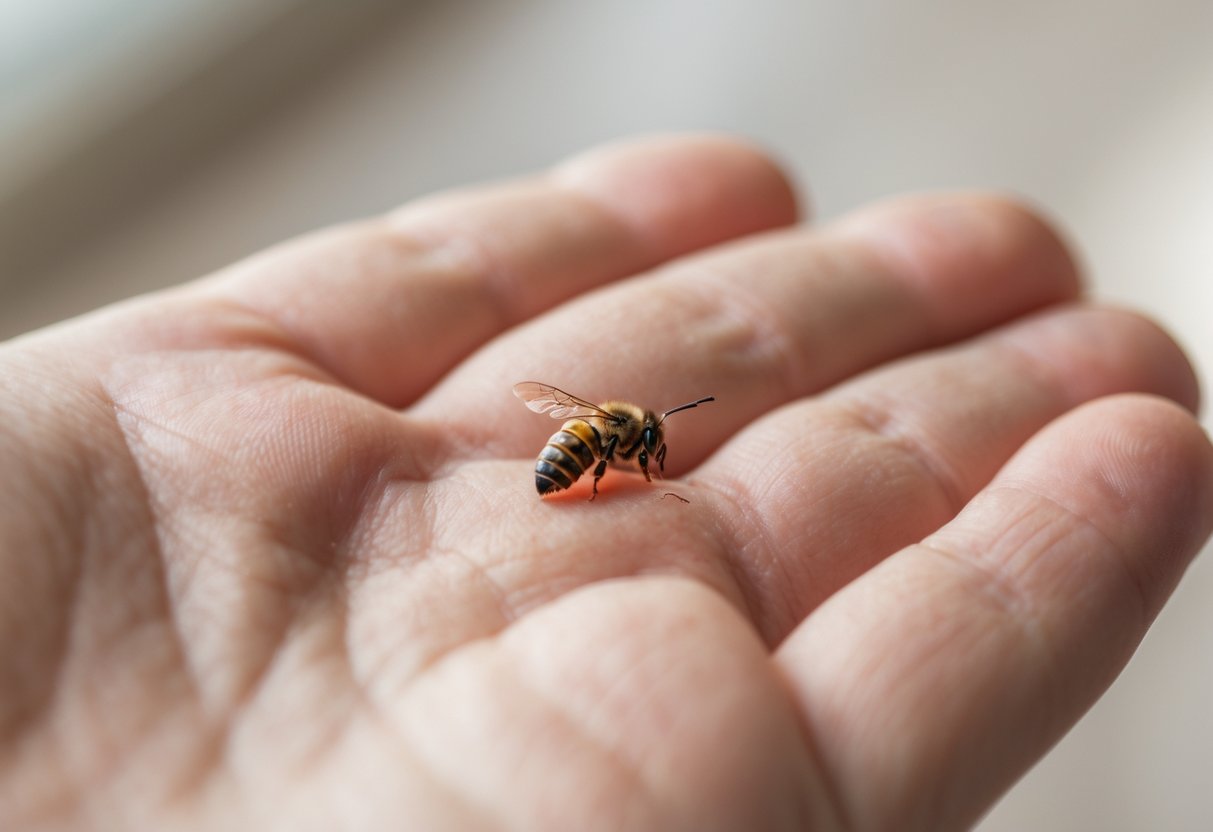Close-up of a hand showing a bee stinger embedded in the skin with slight redness around it.
