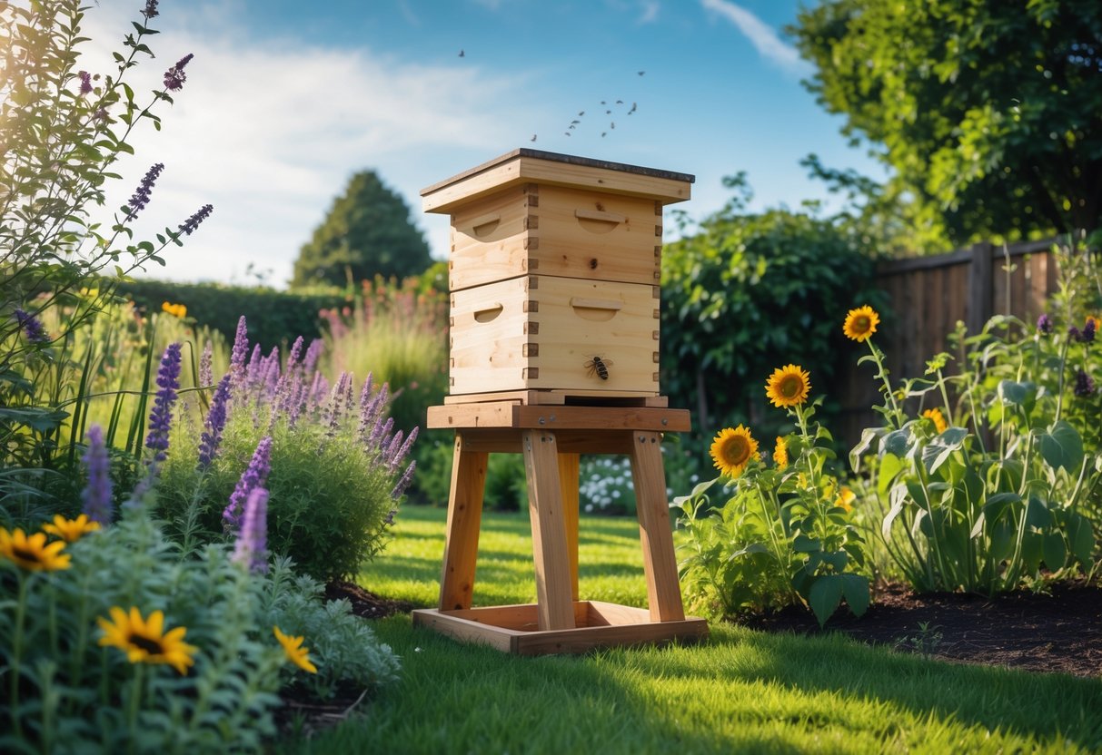 A wooden bee hive on a stand surrounded by blooming flowers and greenery in a sunny garden.