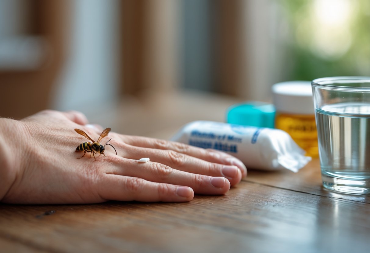 Close-up of a hand with a wasp sting showing redness and swelling, with a first aid kit and glass of water nearby.