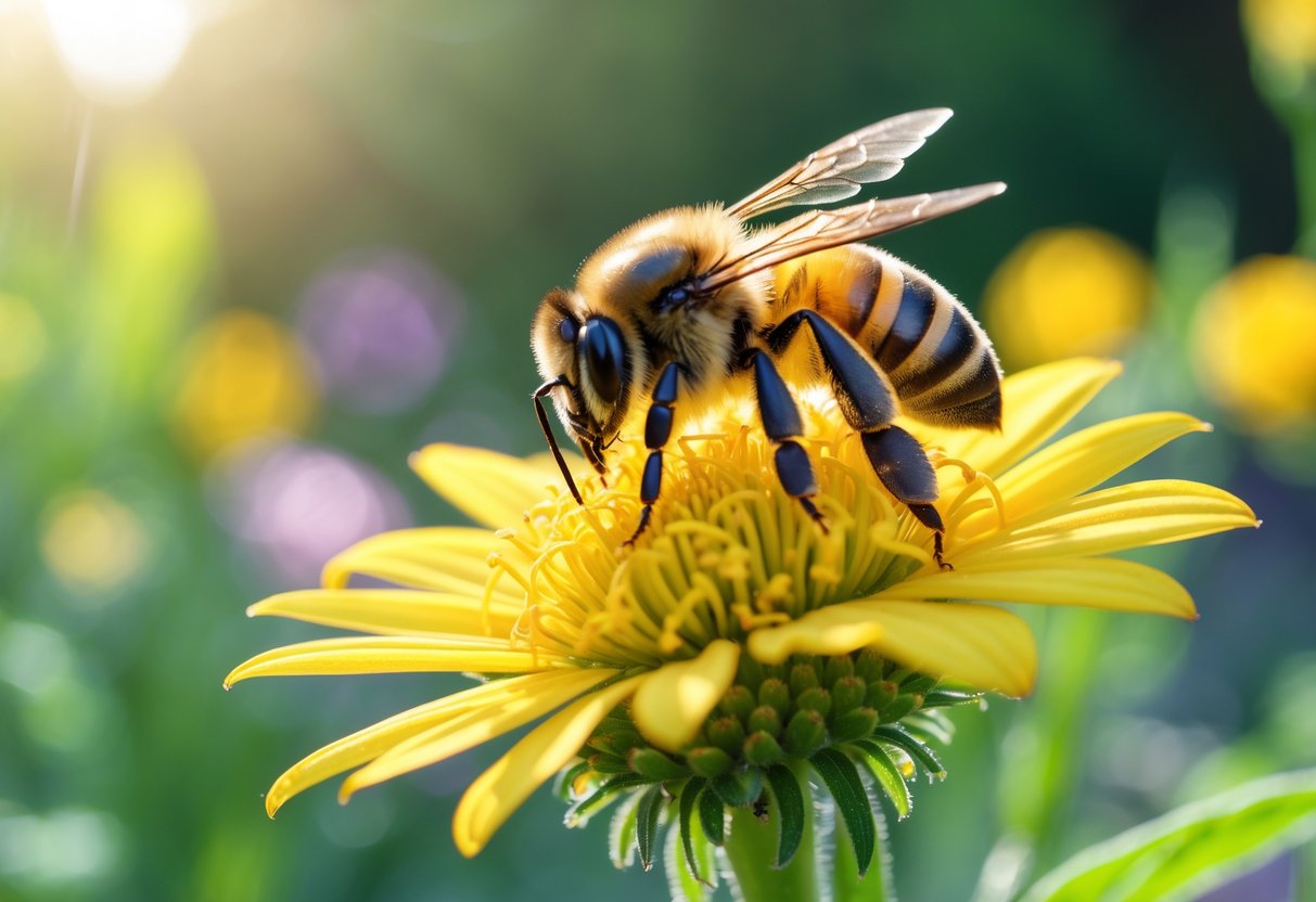 A honeybee resting on a yellow flower in a garden.