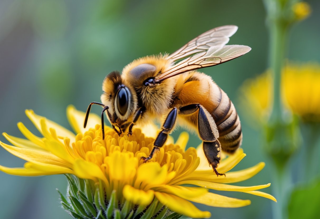A honey bee sitting on a yellow flower outdoors.