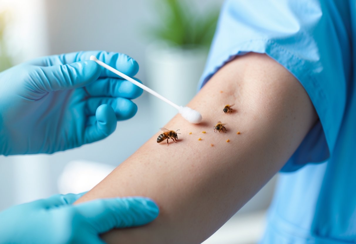 Close-up of a human arm with a bee sting being examined by a medical professional wearing blue gloves.