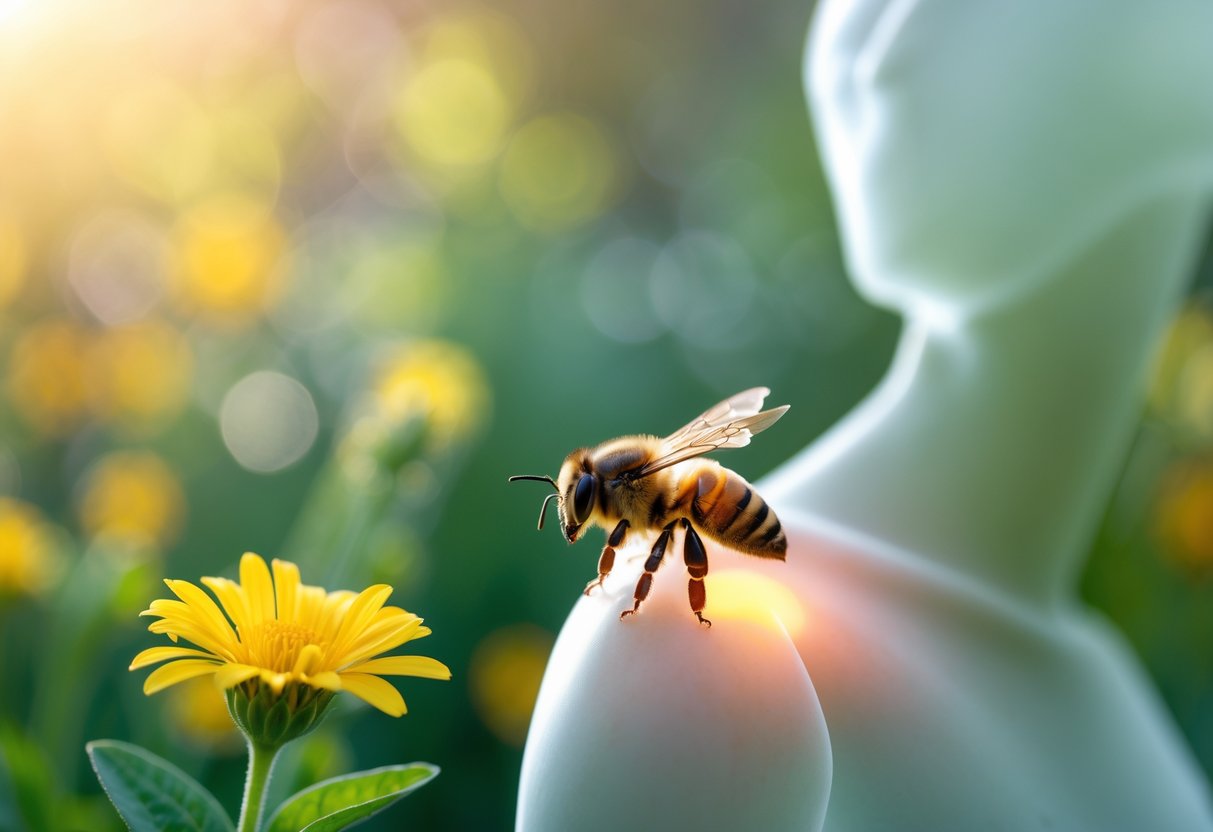 Close-up of a bee on a yellow flower with a faint human silhouette in the background highlighting an arm area.
