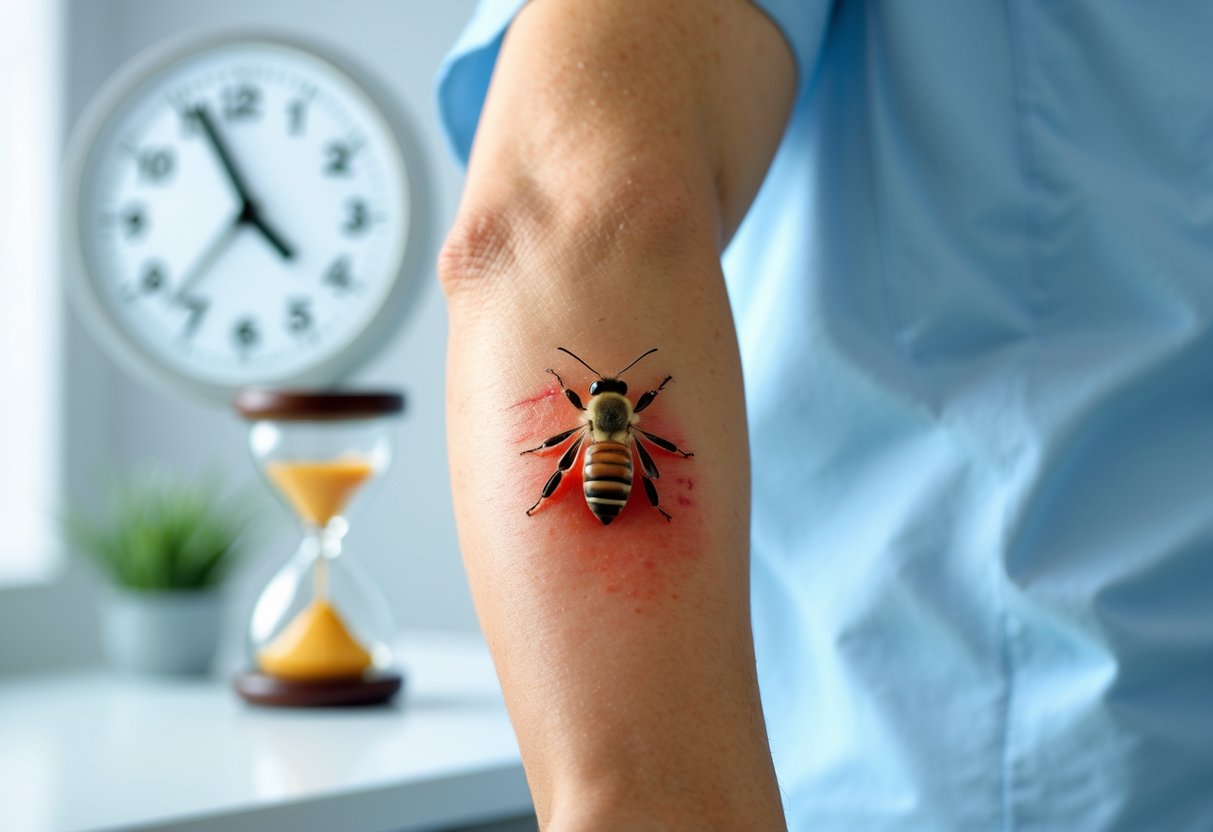 Close-up of a person's arm with a red, swollen bee sting and a blurred clock in the background symbolizing time passing.