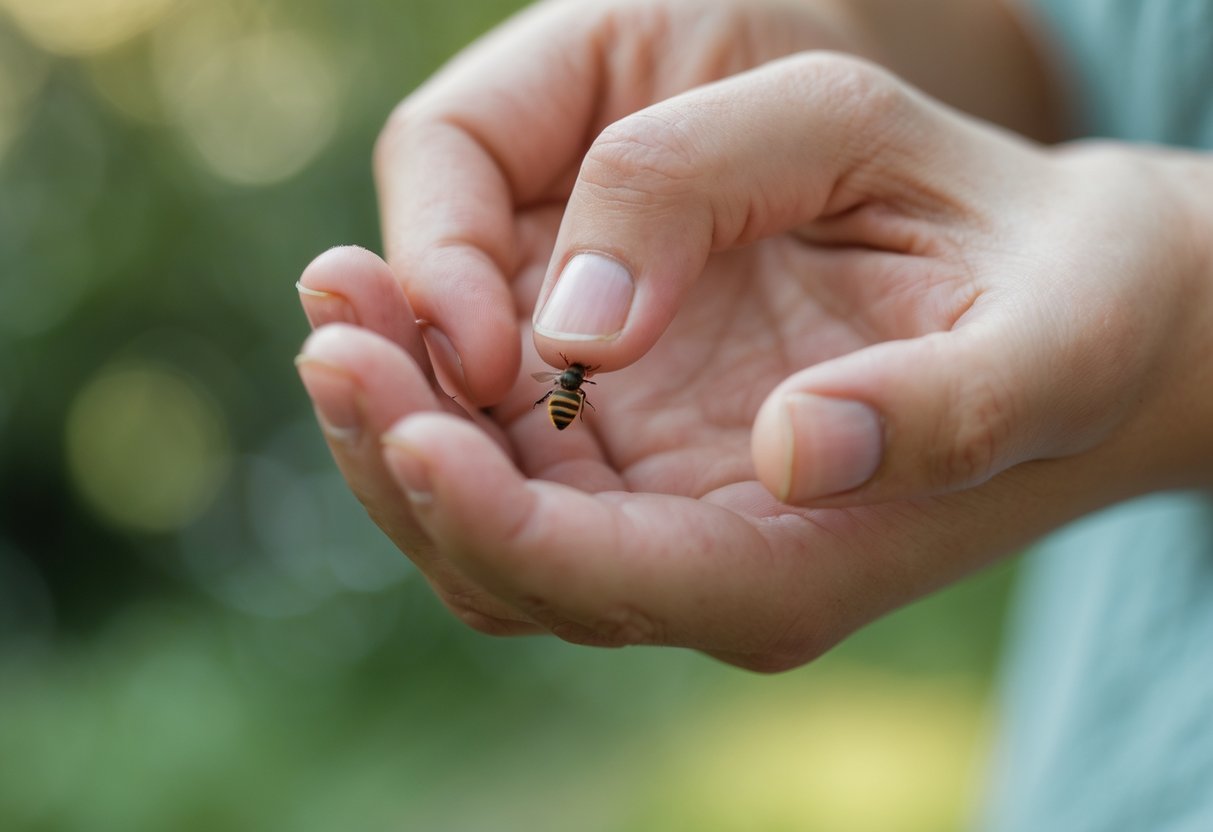 A close-up of a person's hand holding a finger with a small bee sting and slight redness, outdoors with blurred greenery in the background.