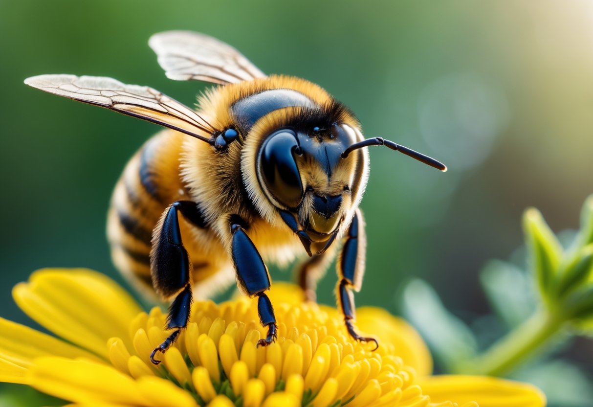 A honeybee sitting on a yellow flower with its face and eyes clearly visible.
