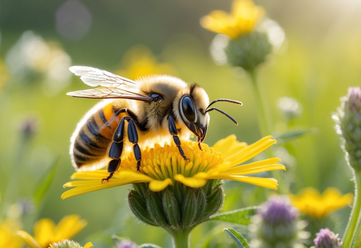 A close-up of a bee resting on a yellow flower in a meadow.